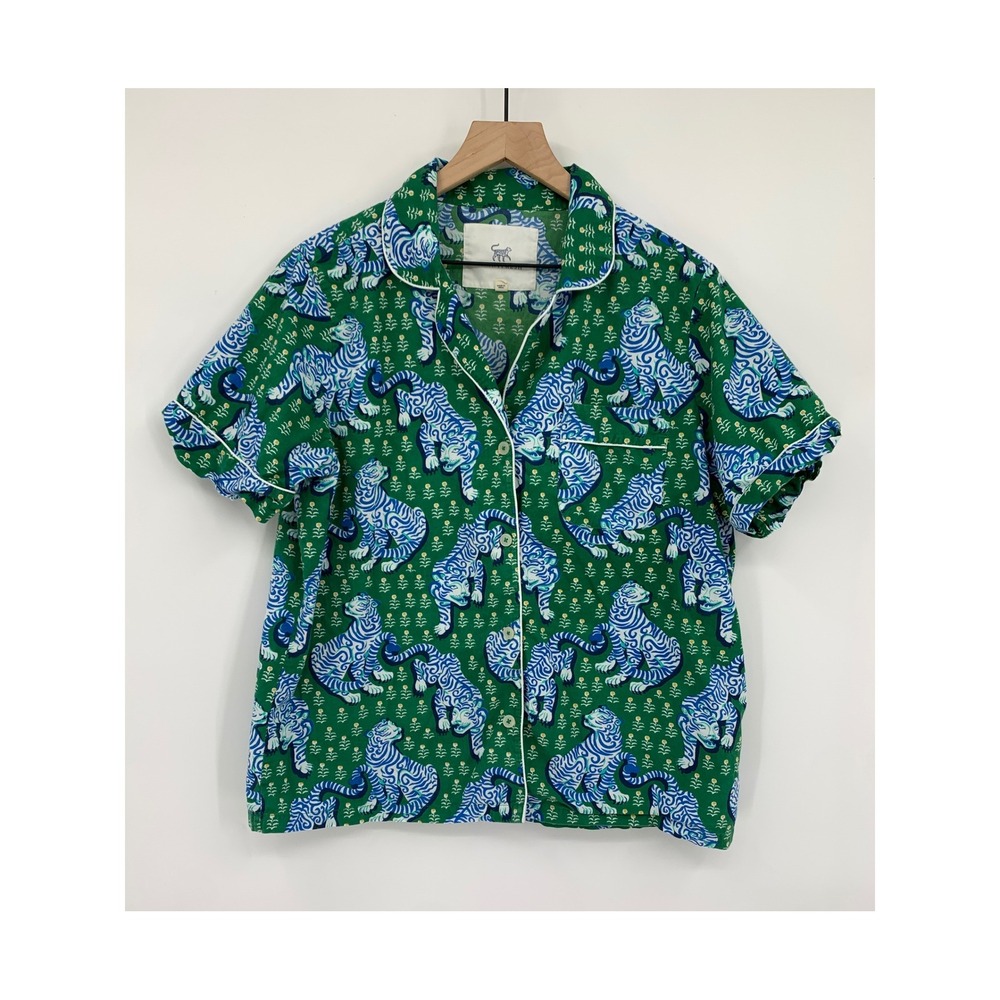Printfresh Pajama Top Women Large Green Tiger Print Organic Cotton Sleep Top